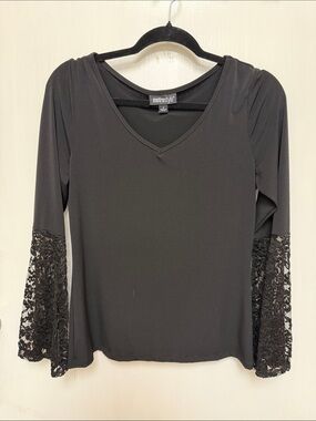 metrostyle Black V-Neck Top with Lace Bell Sleeves